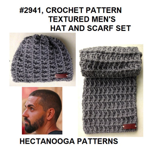 Crochet Patterns, Man's Textured Scarf and hat set, Unisex style, warm winter clothing, Hectanooga Patterns, #2941, for men and women