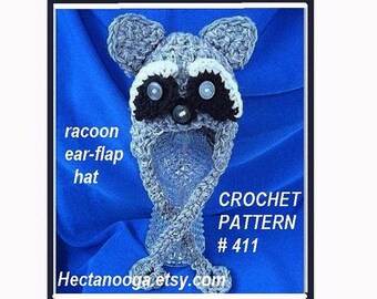 CROCHET PATTERN Hat num. 411, RACOON Ear-Flap Hat, crochet supplies  baby to adult sizes, permission to sell your hats