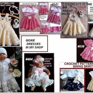 Pu&ograve; includere: Una collezione di schemi all'uncinetto per vestitini e gonne per bambini. Gli schemi includono un vestitino con spalline a bordo picot, un vestitino con bavaglino anteriore, un vestitino con bavaglino, una gonna a ruota e un vestitino all'uncinetto per neonati fino a 12 anni. Gli schemi sono disponibili per l'acquisto su Etsy.