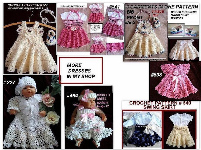 Pu&ograve; includere: Una collezione di schemi all'uncinetto per vestitini e gonne per bambini. Gli schemi includono un vestitino con spalline a bordo picot, un vestitino con bavaglino anteriore, un vestitino con bavaglino, una gonna a ruota e un vestitino all'uncinetto per neonati fino a 12 anni. Gli schemi sono disponibili per l'acquisto su Etsy.