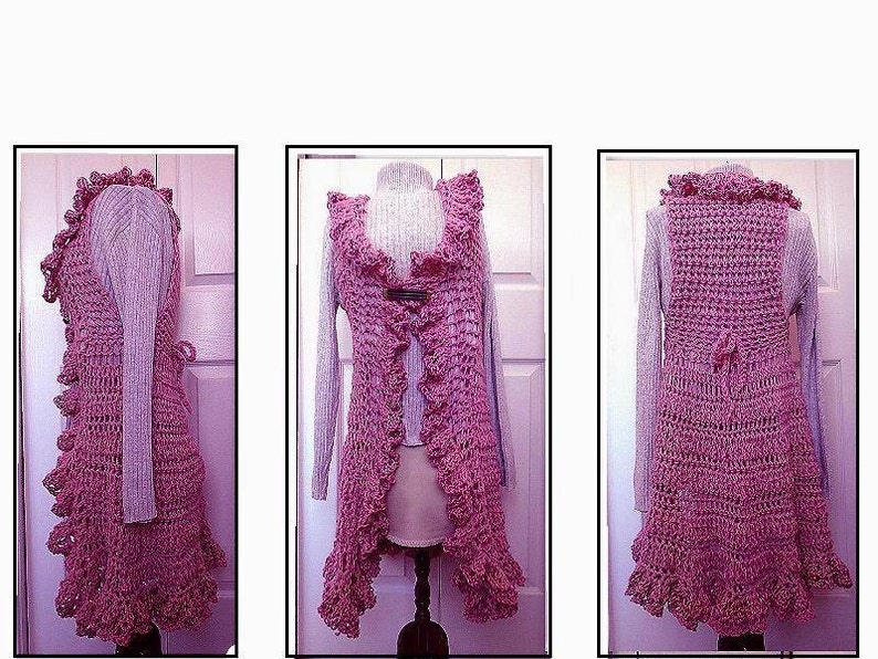 Crochet PATTERN, Ruffled Edge Long Vest , circular vest, child, adult, pdf digital download 760 image 4