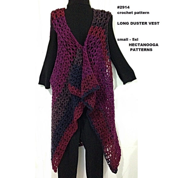 CROCHET PATTERN, LONG duster Vest, make it any length, Women's clothing, small - 5xl, #2914, Easy pattern worked sideways