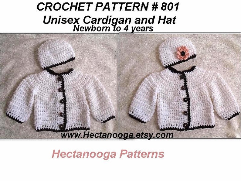 May include: White crochet cardigan and hat set with black trim and brown buttons. The hat has a small pink flower on top. Crochet pattern # 801. Unisex. Newborn to 4 years.