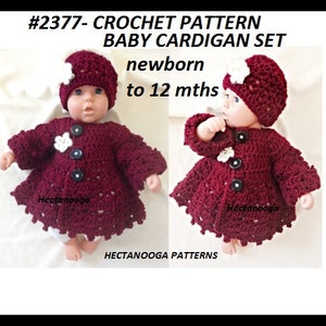 Peut inclure: Modèle de crochet pour un ensemble de cardigan pour bébé en bordeaux avec des accents de fleurs blanches. L'ensemble comprend un cardigan et un chapeau. Le modèle est pour les tailles nouveau-né à 12 mois. #2377-CROCHET PATTERN BABY CARDIGAN SET newborn to 12 mths Hectanooga HECTANOOGA PATTERNS