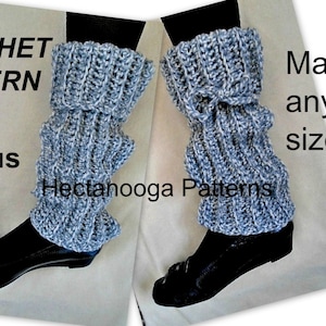 May include: Crochet pattern #931 for leg warmers. The leg warmers are a light blue and white color, with a ribbed design. The text "Make any size" is also visible.