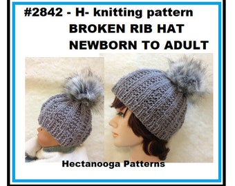 knit hat pattern, BROKEN RIB HAT, easy 2 row repeat, beginner friendly, #2842-H- newborn to adult, worked flat