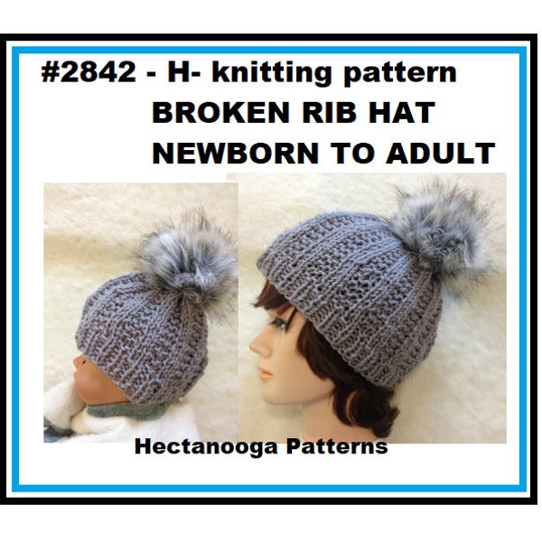 knit hat pattern, BROKEN RIB HAT, easy 2 row repeat, beginner friendly, #2842-H- newborn to adult, worked flat