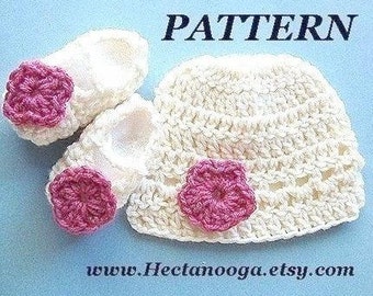 Easy CROCHET Baby Hat Pattern,  Hat and Booties set , newborn to age 5, #165, crochet for baby, flower pattern included free,