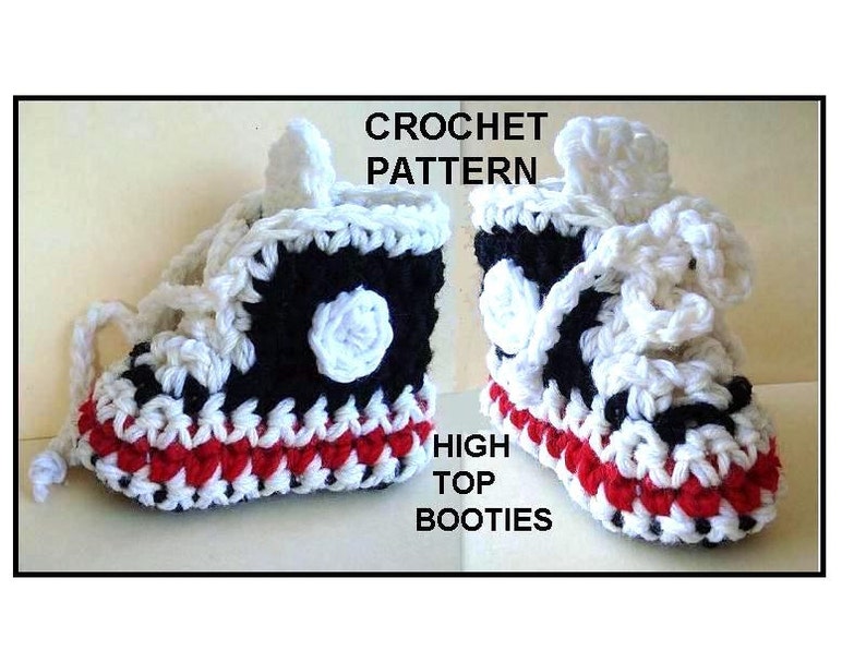 Baby booties SNEAKERS, high tops, crochet PATTERN, Black and red, Newborn to 12 months, instant download, num. 542 image 1