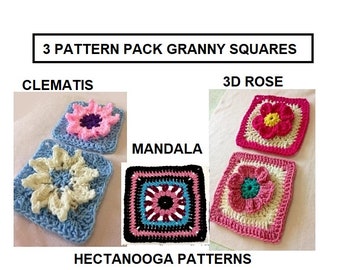 GRANNY SQUARES Crochet Patterns, 3 Pattern Pack, Easy patterns with video demo.