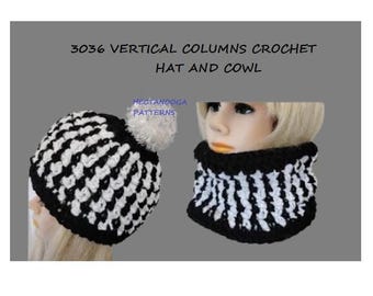 CROCHET PATTERN, hat and cowl set, Easy Vertical Columns black and white set, with video demo