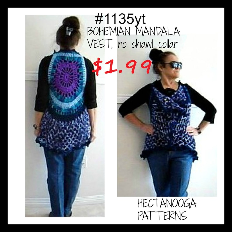 K&ouml;nnte beinhalten: Eine blaue und lilafarbene H&auml;kelweste mit Mandala-Muster. Die Weste ist &auml;rmellos und hat einen gewellten Saum. Der Text "#1135yt BOHEMIAN MANDALA VEST, no shawl collar 1,99 &euro; HECTANOOGA PATTERNS" ist im Bild sichtbar.