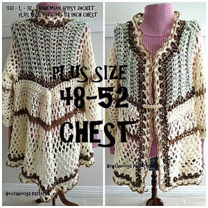 May include: A crocheted jacket in beige, brown, and green with a plus size label that reads "PLUS SIZE 48-52 CHEST".