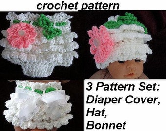 BABY crochet pattern, ruffled pants, diaper cover, hat, and bonnet, all 3 patterns... sizes newborn to age 2, PDF digital pattern,  num. 534