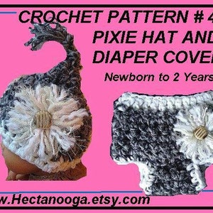 May include: Crochet pattern #459 for a pixie hat and nappy cover for newborns to 2 years old. The hat is grey and white with a flower detail. The nappy cover is grey and white with a flower detail. www.Hectanooga.etsy.com