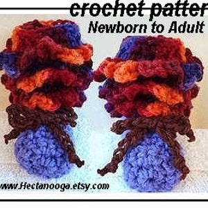 Crochet, Slippers or  Booties crochet Pattern, for kids, for babies, Ruffled Cuffs, baby to adult large, #533