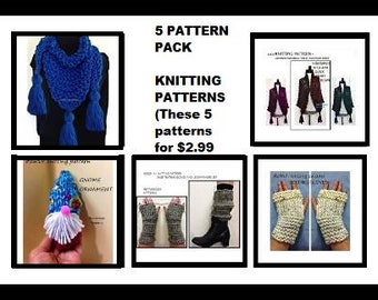 Knitting Patterns,  5 PATTERN pack, Texting-fingerless gloves , Pocket Shawl, Slippers, legwarmers, triangle scarf-shawl, Knit Gnome 2.99
