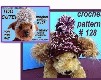 Crochet Pattern Doggie Pom Pom Hat, num 128 .. custom fit,, Permission to sell your finished items