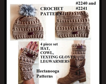 CROCHET PATTERNS, 4 piece set, Legwarmers, Texting Gloves, Hat, Cowl, women and teens, children, Great Christmas Gift, Easy, 2240 & 2241