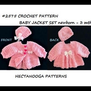 Peut inclure: Modèle de crochet #2575 pour un ensemble de veste pour bébé, adapté aux nouveau-nés à 3 mois. L'ensemble comprend une veste rose avec un nœud blanc et un chapeau rose assorti.