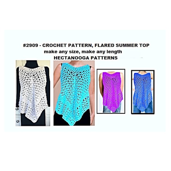 FLARED SLEEVELESS TOP Crochet Pattern, Make any size from xs to 5xl. Super easy pattern, video demo,  #2909