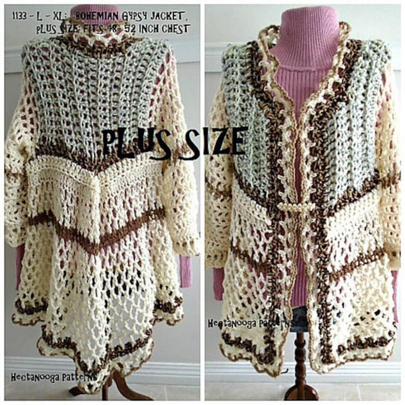 May include: A crocheted plus size bohemian gypsy jacket in cream, brown, and green with a scalloped edge. The jacket is shown on a mannequin and has a button closure. The text "PLUS SIZE" is written on the image. The text "1133 - L - XL: BOHEMIAN GYPSY JACKET, PLUS SIZE: FITS 48-52 INCH CHEST" is also written on the image.