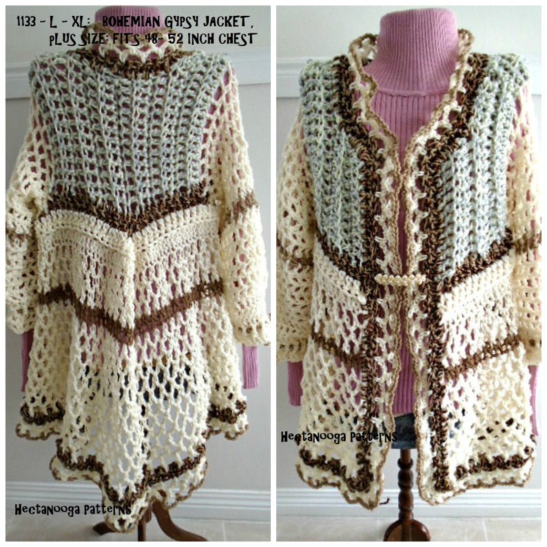 May include: A crocheted jacket in cream, brown, and green with a scalloped hem. The jacket is open in the front and has a button closure. The text "1133 - L - XL: BOHEMIAN GYPSY JACKET, PLUS SIZE: FITS 48-52 INCH CHEST" is visible on the image.