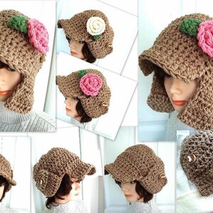 May include: A brown crocheted hat with ear flaps and a brim. The hat has a pink flower embellishment on the side.