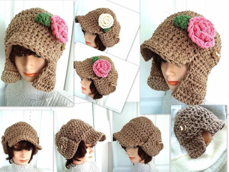 May include: A brown crocheted hat with ear flaps and a brim. The hat has a pink flower embellishment on the side.