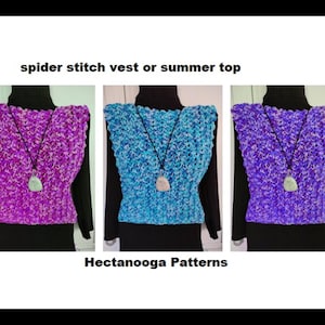 GEHAAKT VEST of MOUWLOZE shell-truitop, maat S-plus, eenvoudig herhalen in één rij, beginnersvriendelijk, videodemo inbegrepen, Hectanooga, #3008