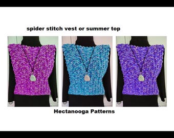CROCHET VEST or SLEEVELESS shell sweater top,  S-Plus size, Easy one row repeat, beginner friendly, video demo included, Hectanooga, #3008