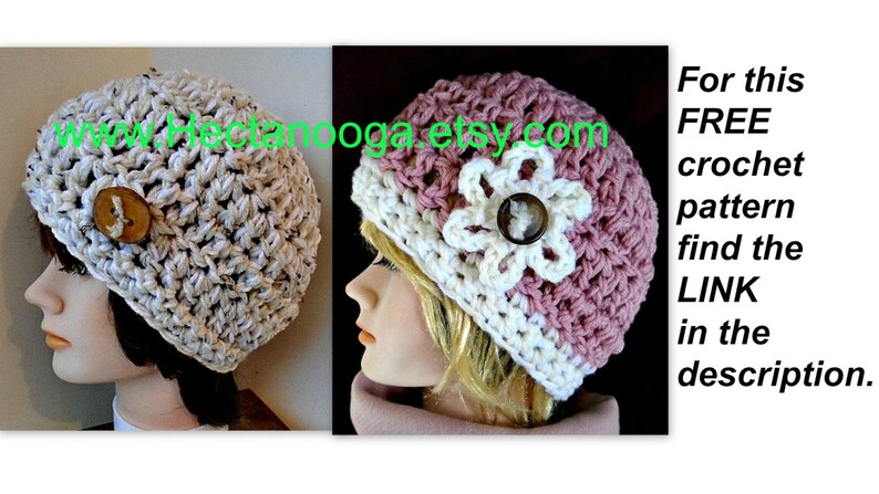May include: Two crocheted hats, one white with a button and one pink and white with a flower and button. The text "www.hectanooga.etsy.com" is visible in the image. The text "For this FREE crochet pattern find the LINK in the description." is also visible in the image.
