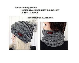 knit hat pattern, HAT AND COWL set, 5 yrs to adult, Horizontal ridges, easy flat knit pattern, beginner friendly, #2956