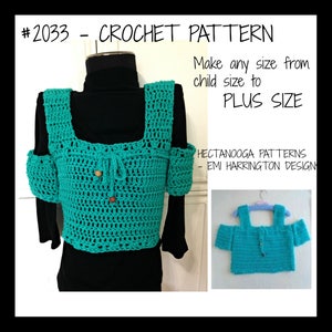 May include: Crochet pattern #2033 for a teal off-the-shoulder top with a tie detail. The pattern is available in sizes from child to plus size.  The pattern is by Hectanooga Patterns - Emi Harrington Design.