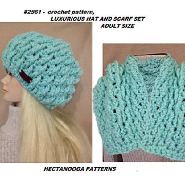 CROCHET HAT and SCARF set. Luxurious chunky accessories for children, teens, and women, easy pattern, stitch video demo, #2961, hectanooga