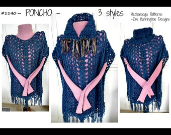 CROCHET PATTERN, PONCHO cape sweater, All sizes small to plus size, 3 styles included, #1140, women and teens clothing