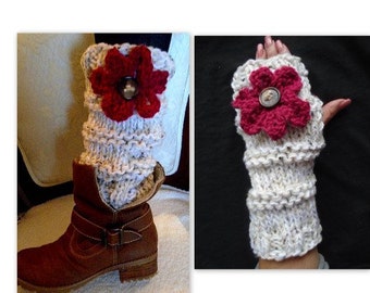 KNIT Fingerless Gloves, or Legwarmers,KNITTING PATTERN, adults, women, teens, #900, winter accessories, legwarmers, knit flower