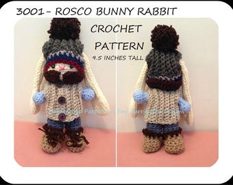 CROCHET PATTERN- Bunny Rabbit Doll - Rosco B. Rabbit -  9.5 inch doll - #3001 crochet pattern - Amigurumi, softies, plush doll, Easter bunny