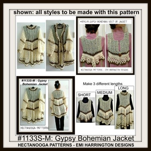 May include: A crochet pattern for a Gypsy Bohemian Jacket. The pattern includes instructions for making a vest or jacket in three different lengths: short, medium, and long. The pattern is available in cream and brown colors.