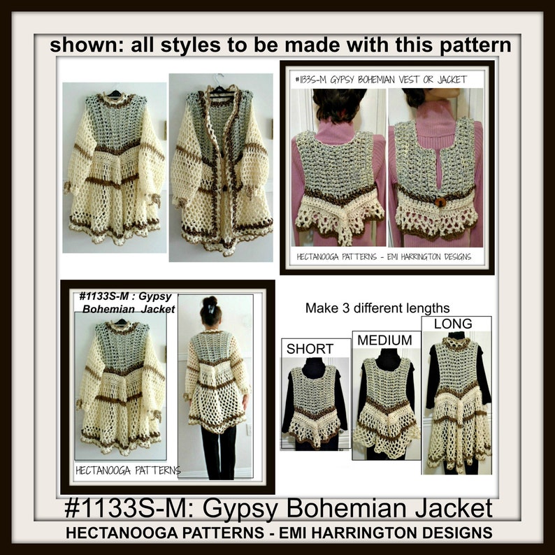 May include: A crochet pattern for a Gypsy Bohemian Jacket. The pattern includes instructions for making a vest or jacket in three different lengths: short, medium, and long. The pattern is available in cream and brown colors.