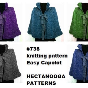 Puede incluir: Patrón de tejido de punto para un capelina fácil. El patrón está disponible en cinco colores: morado, verde azulado, verde, gris y azul.