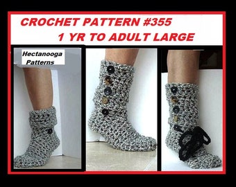 CROCHET Pattern SLIPPERS, WOOLY Boot Slippers num. 355 all sizes from age 1 to adult Permission to sell your finished slippers.