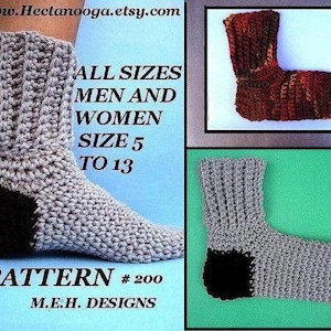 May include: Crochet sock pattern for sizes 5 to 13. The pattern is for a gray sock with a black heel and toe. The pattern is called "Pattern #200" and is by "M.E.H. Designs".