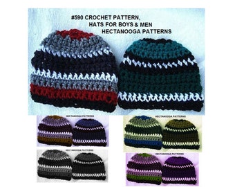 CROCHET Hat PATTERNs. Beanie Hat, Baby boys to men's sizes,  (8 sizes included from newborn to adult man) Instant Download #590