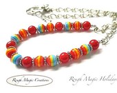 Festive Holiday Necklace, Bright Colorful Necklace, Jewelry for Women, MultiColor Fiesta Beads, Silver Chain. Silver Flower Clasp