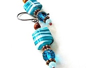 Aqua Teal Dangle Earrings Turquoise Blue White Beads Antiqued Copper