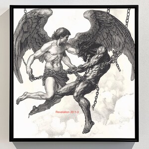 Könnte beinhalten: Eine Schwarzweißillustration von zwei Figuren, eine mit Flügeln, die miteinander verkettet sind. Der Text "Revelation 20:1-3" steht unter den Figuren.