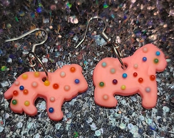Pastel Pink Circus Animal Cookie Cute Food Polymer Clay Earrings