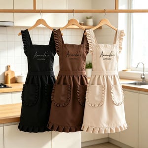 Personalized Ruffle Kitchen Apron, Custom Embroidered Name Apron with Double Pockets, Perfect Gift for Mom, Wife, Cooking Lover & Nail Tech