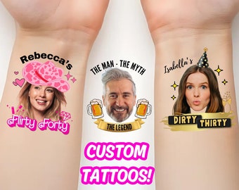 Custom Birthday Face Tattoos – Personalized Temporary Tattoos, Milestone Birthday Party Favors, Custom Photo Tattoos, Unique Birthday Gifts